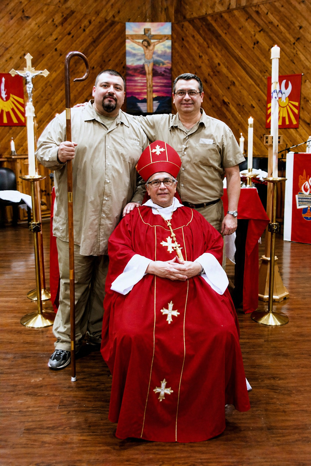 Community members with Bishop